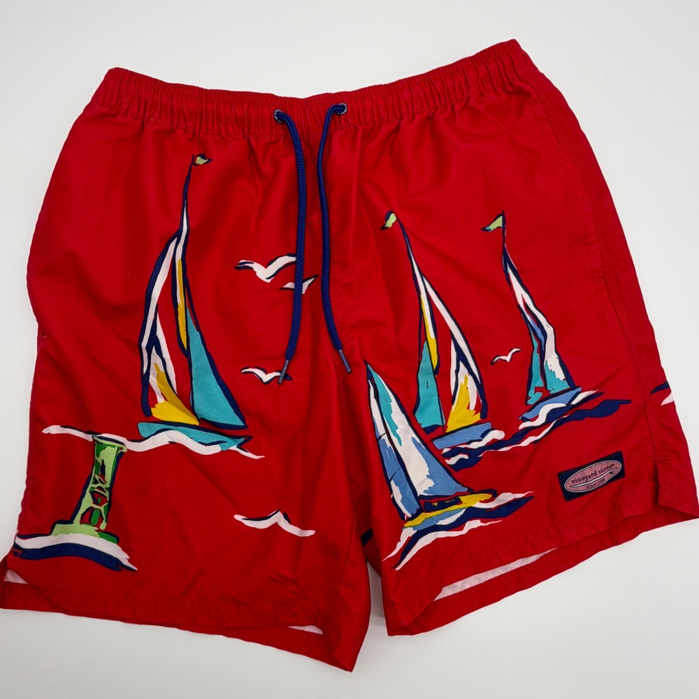 Vineyard Vines Mens Red Sailboat Print Swim Trunks Size S Small Nautical Shorts